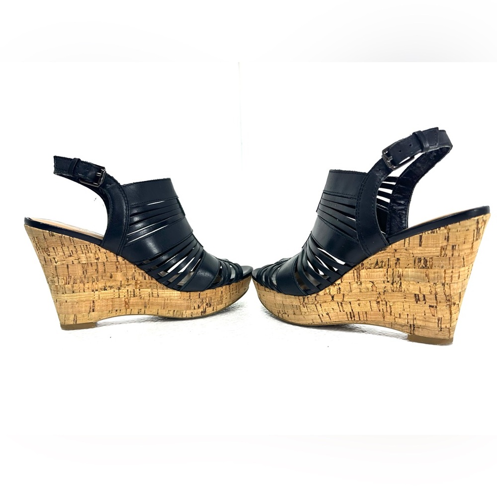 Franco Sarto Black Leather Cork Wedge Sharp Gladiator Sandals 6.5